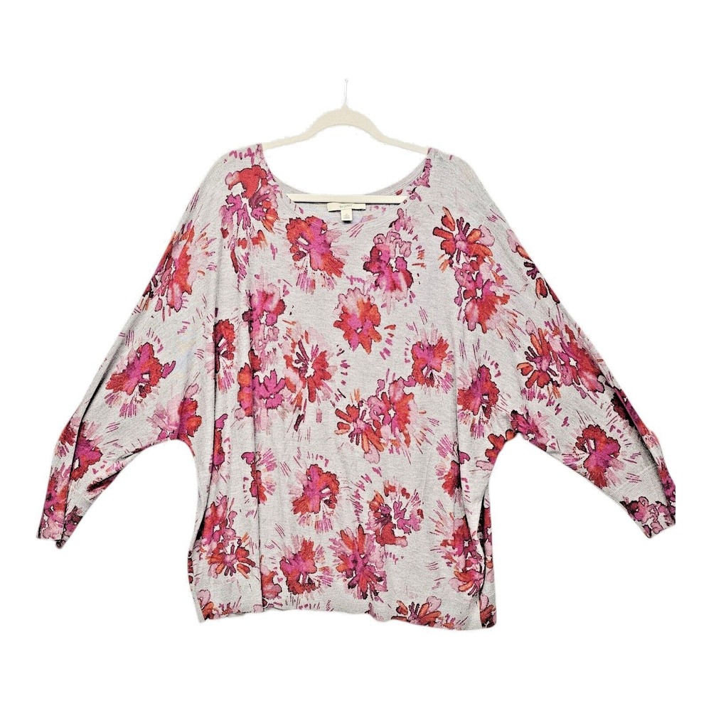 Sejour Shirt Top 3/4 Batwing Sleeve Gray and Mauve Floral Sweater 2X Pullover